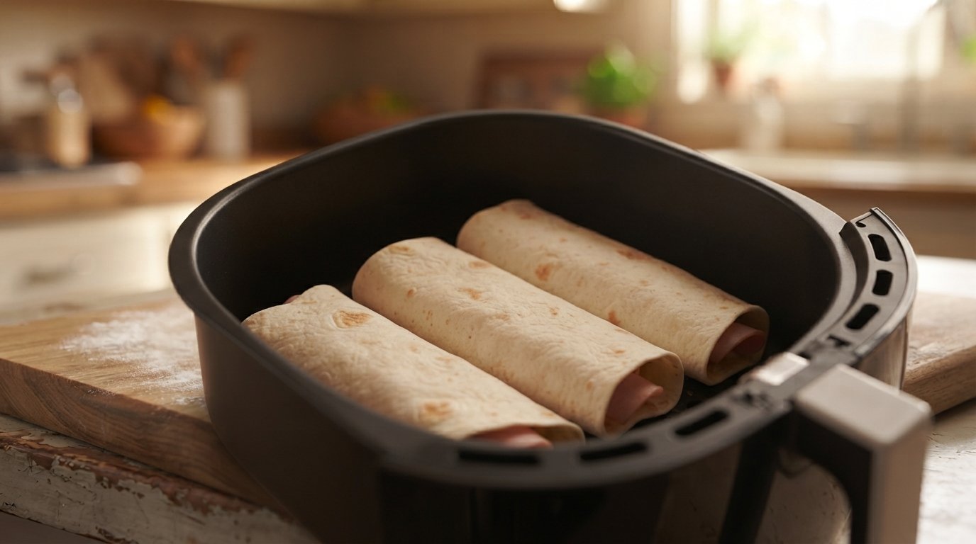 Burritos enrollados dentro de la cesta de la freidora de aire, antes de cocinar