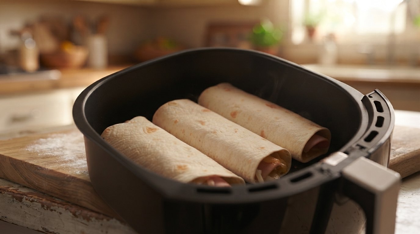 Burritos dorándose a mitad de cocción dentro de la cesta
