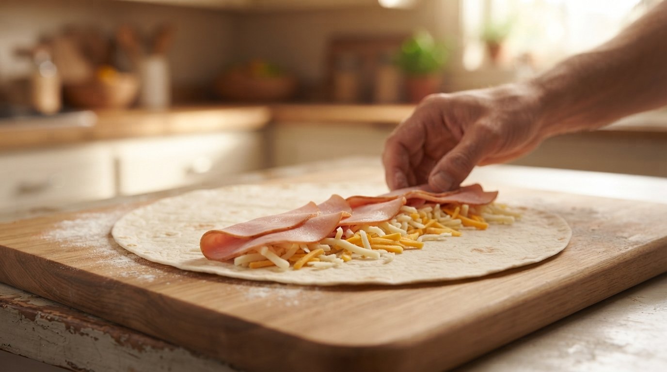 Tortilla siendo rellenada con jamón y queso sobre una superficie de trabajo