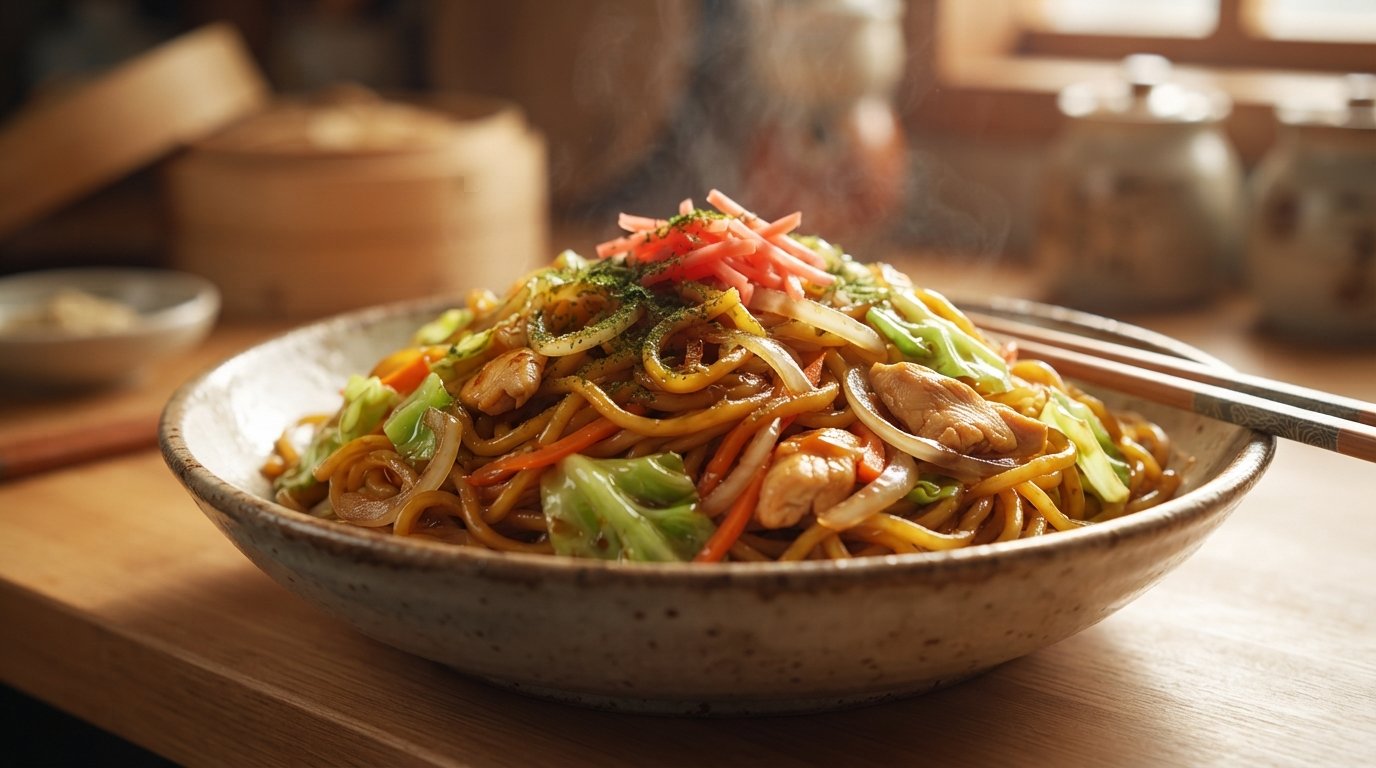 Fideos yakisoba salteados con verduras en freidora de aire