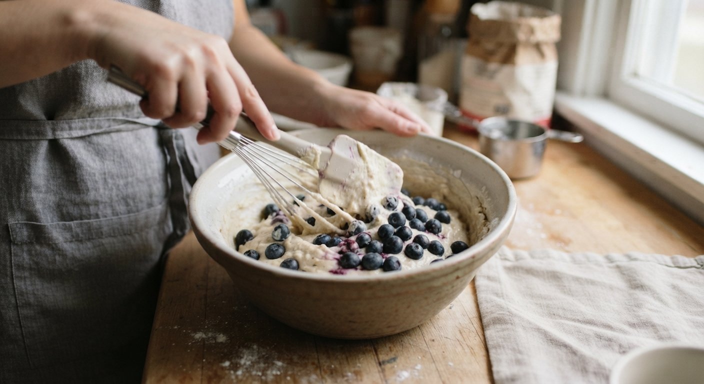 Arándanos siendo incorporados con movimientos envolventes a la masa de muffin