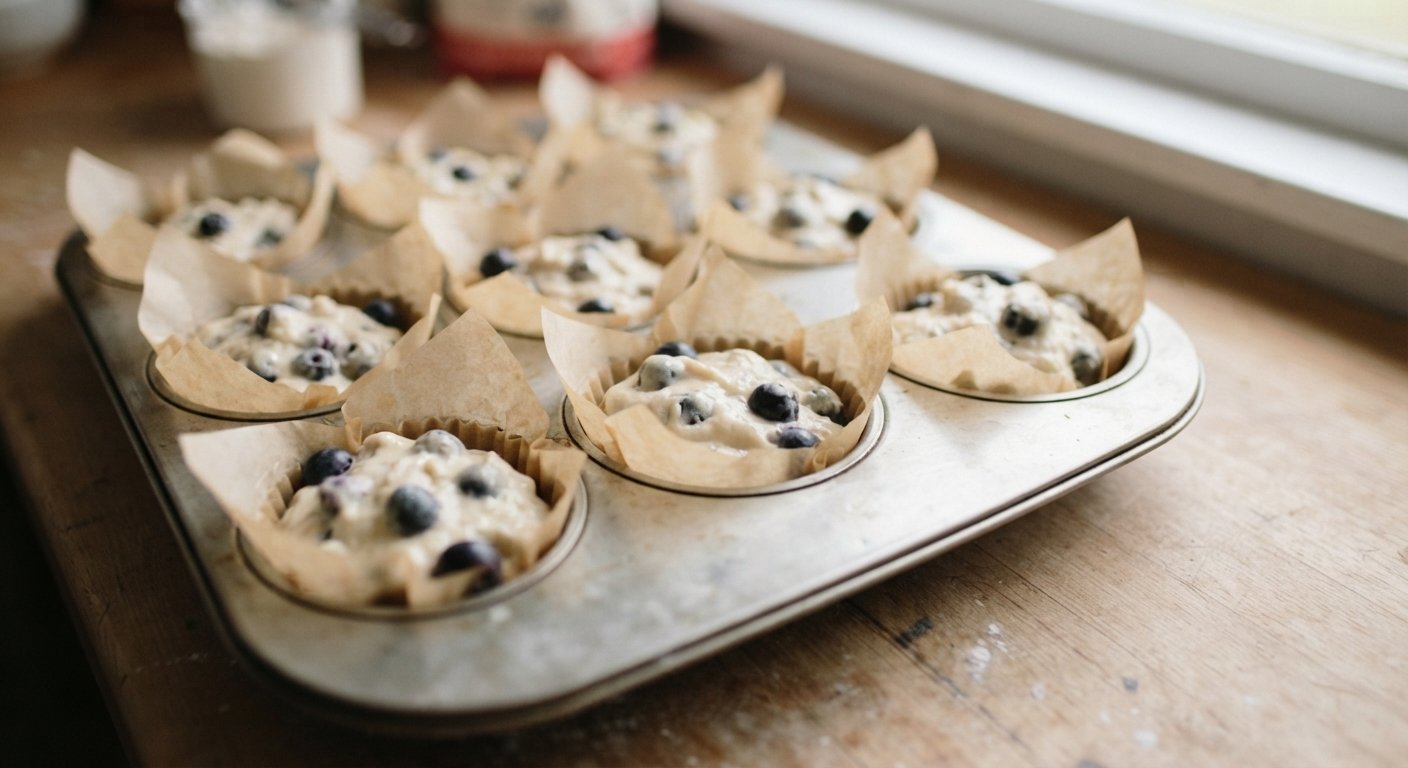 Cápsulas de papel para muffin rellenas con la masa, dentro de un molde metálico
