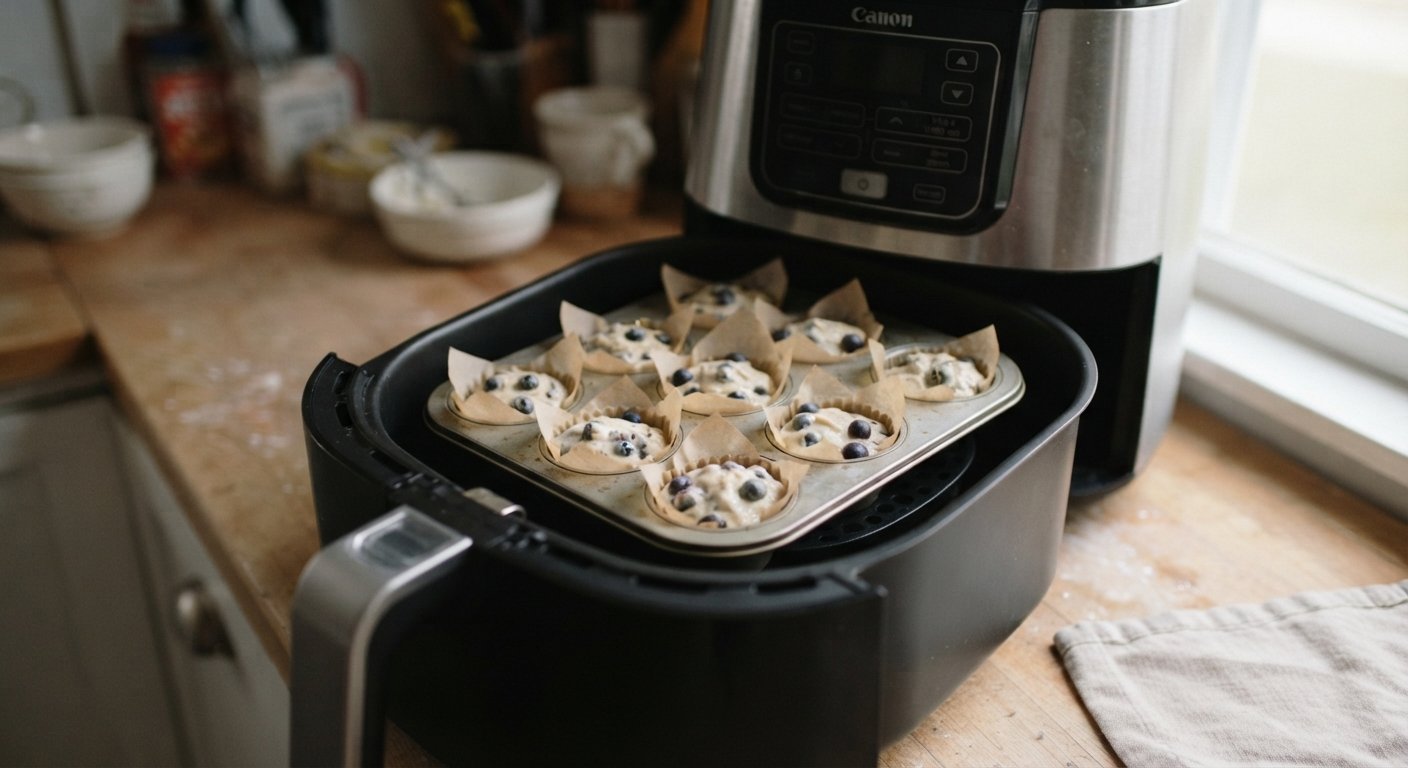 Molde de muffins dentro de la cesta de la freidora de aire