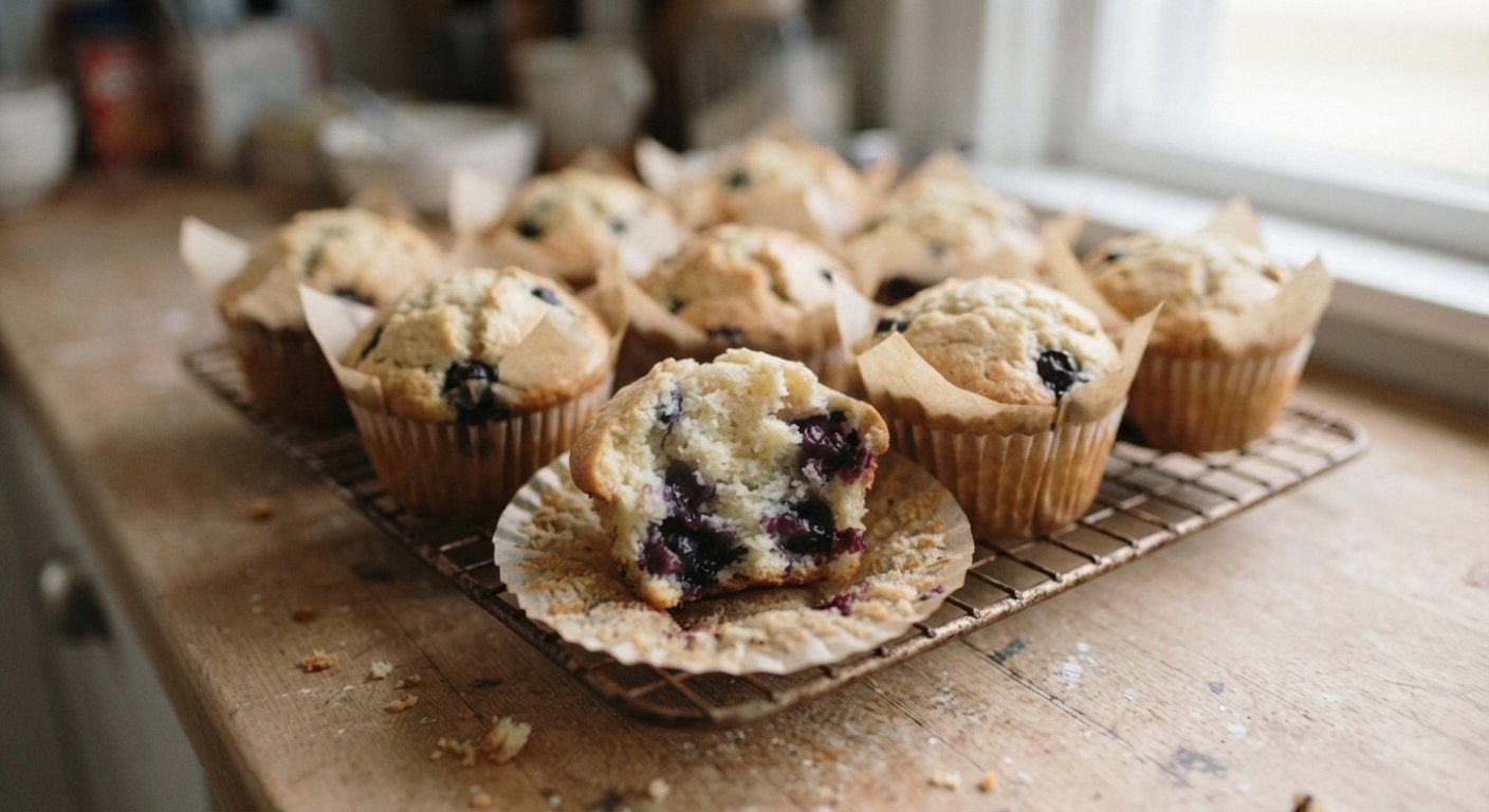 Muffins de arándanos dorados y esponjosos recién sacados de la freidora, uno partido mostrando el interior