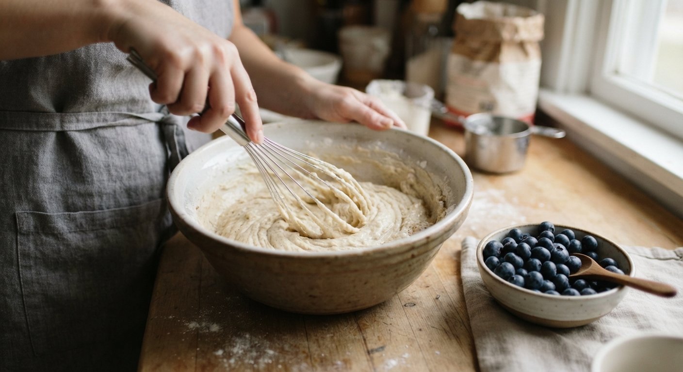 Masa de muffin siendo mezclada en un bol, con arándanos frescos al lado