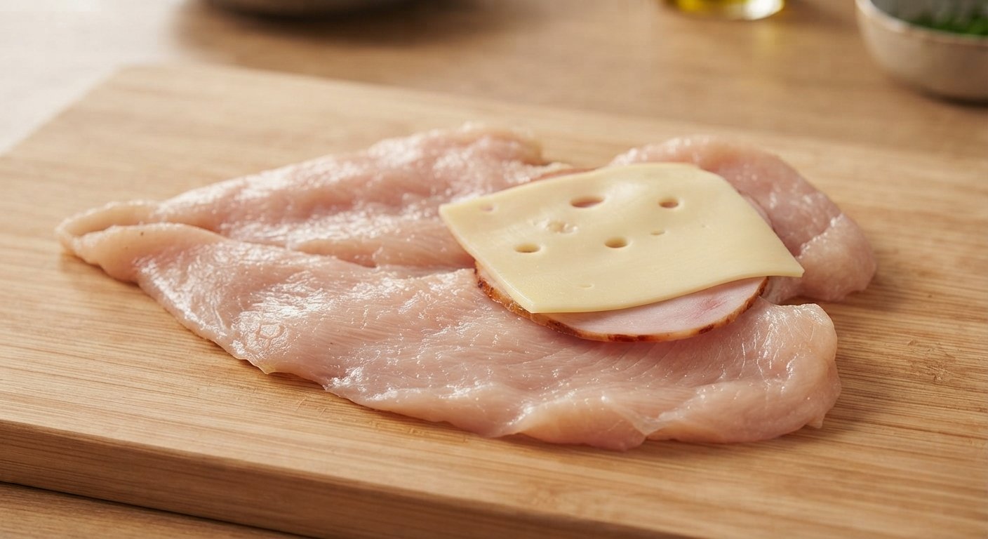 Filete de pechuga de pollo abierto en libro, con jamón y queso colocados encima antes de cerrar