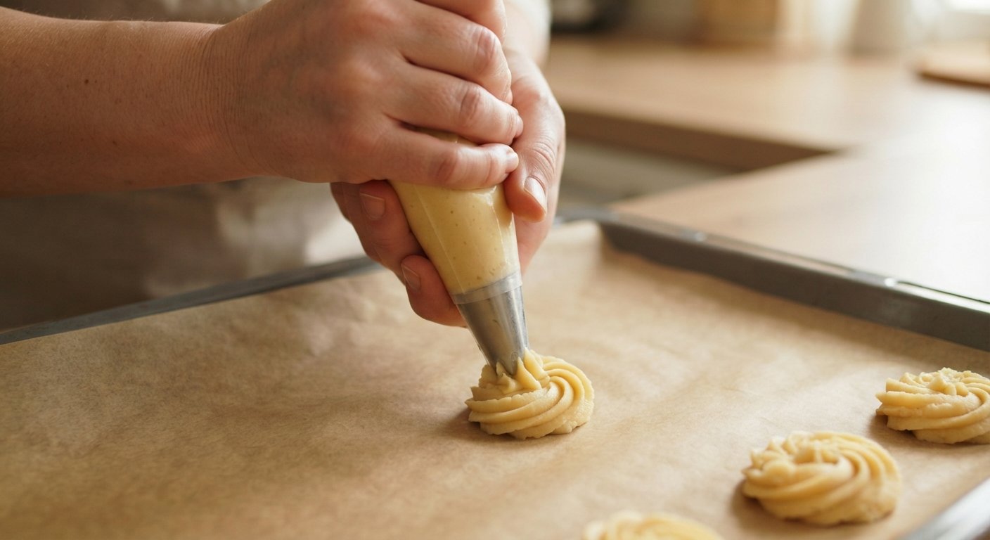 Manos formando espirales de masa con la manga pastelera sobre papel de horno