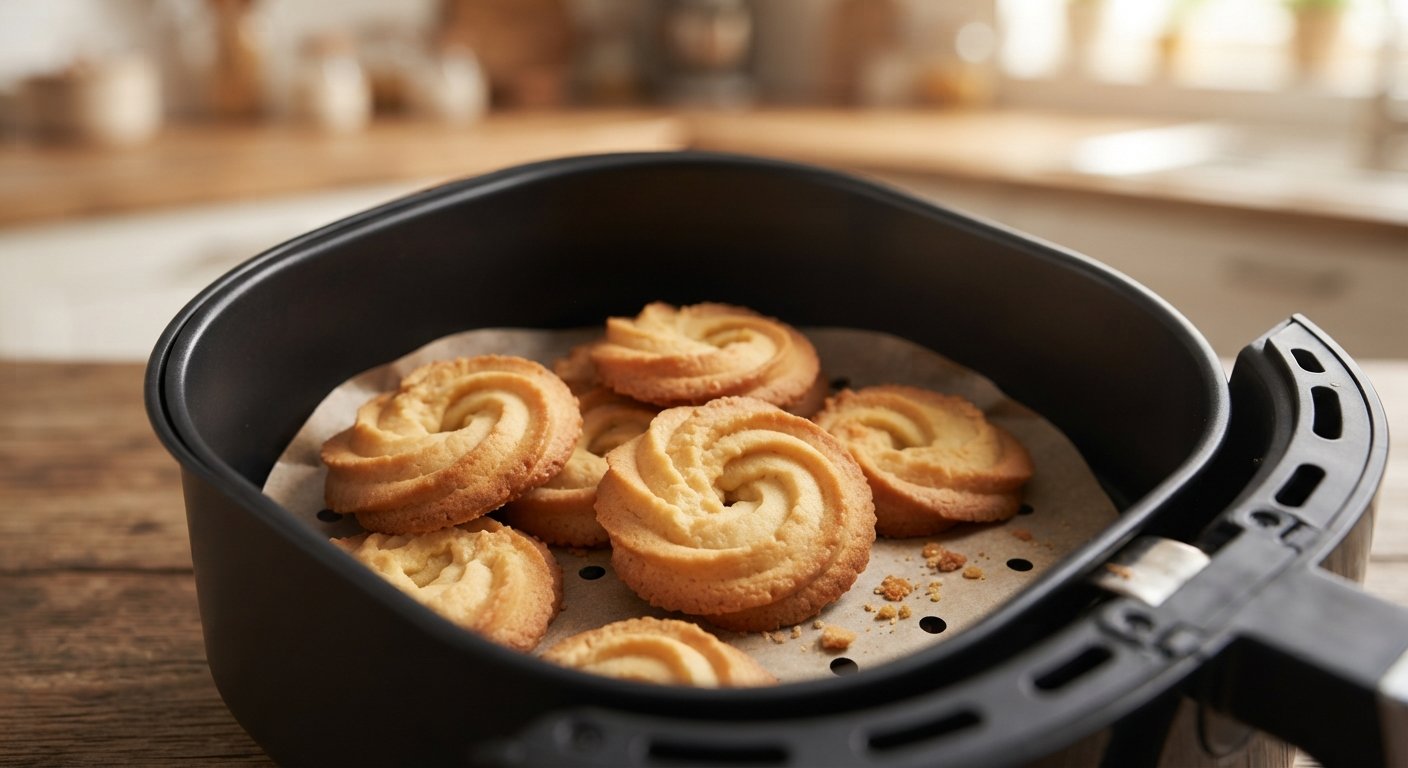 Galletas danesas doradas y mantecosas, recién sacadas de la freidora de aire