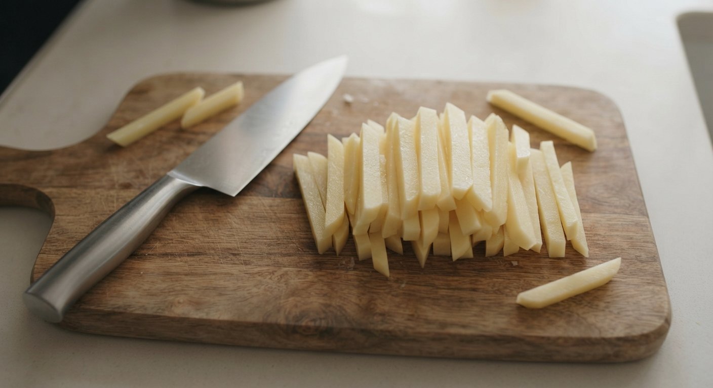 Patatas cortadas en bastones sobre una tabla de madera