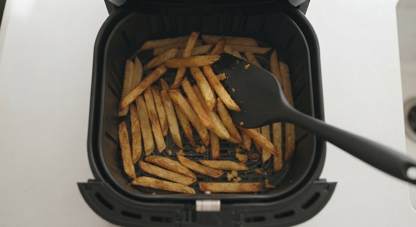 Patatas ya doradas y crujientes siendo agitadas en la cesta
