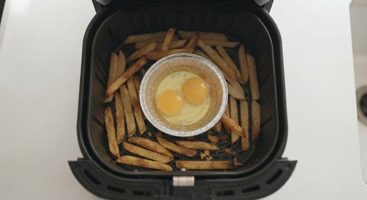 Molde con huevos crudos colocado sobre las patatas en la cesta