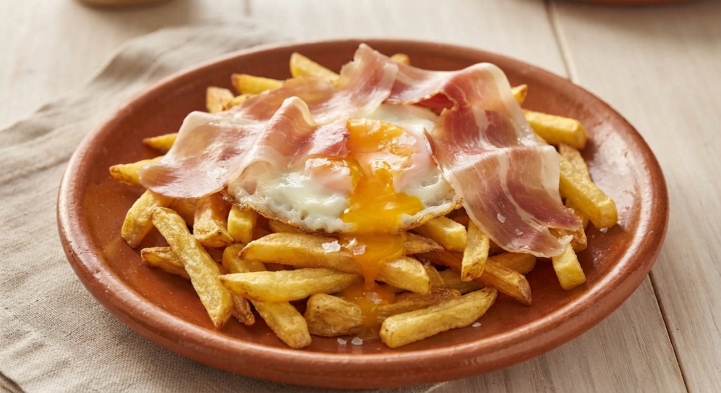 Plato de huevos rotos terminado con jamón serrano y la yema rota