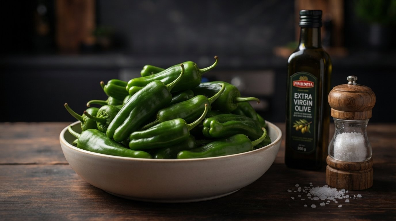 Pimientos de Padrón frescos preparados para cocinar