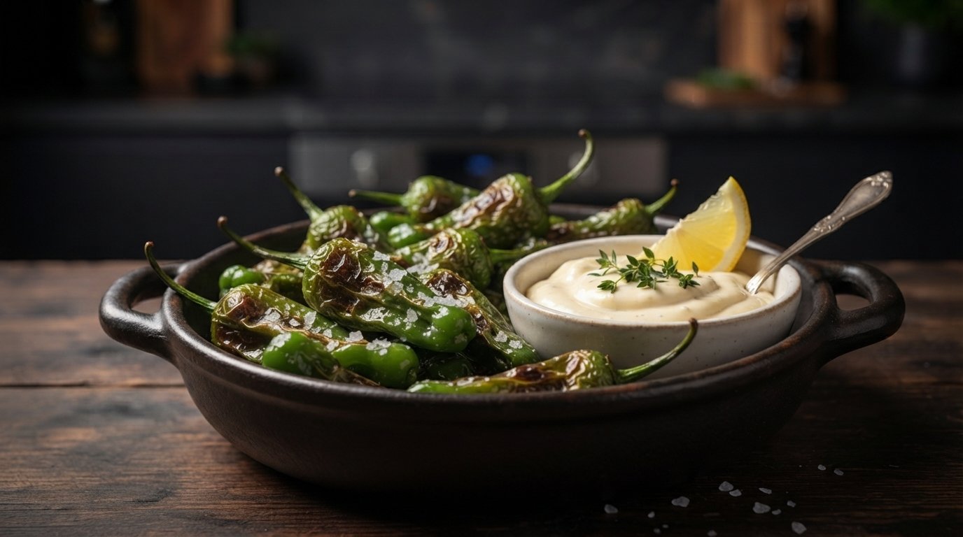 Pimientos finales en una fuente, con sal gruesa esparcida