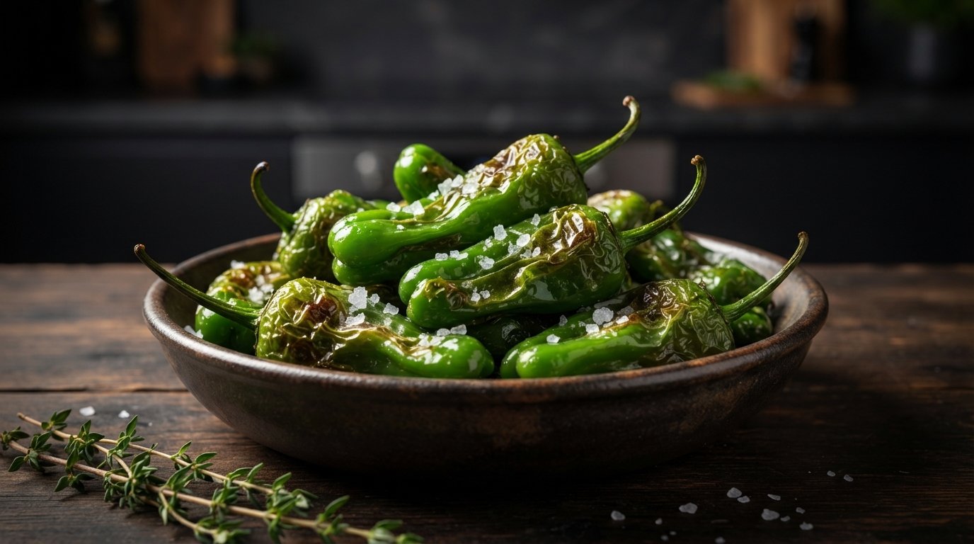 Pimientos de Padrón crujientes en freidora de aire, servidos en una fuente oscura con sal gruesa