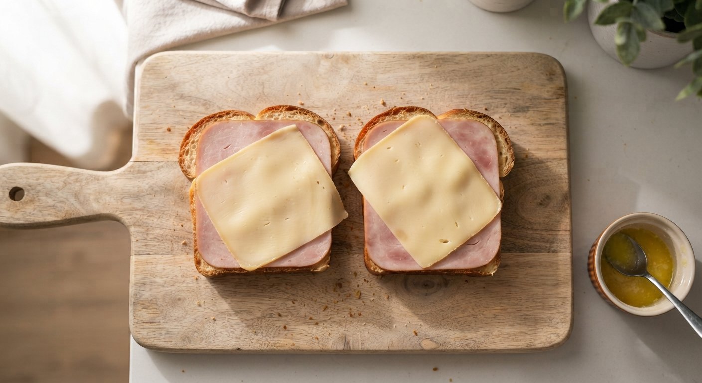 Rebanada de pan con jamón cocido y queso tierno encima