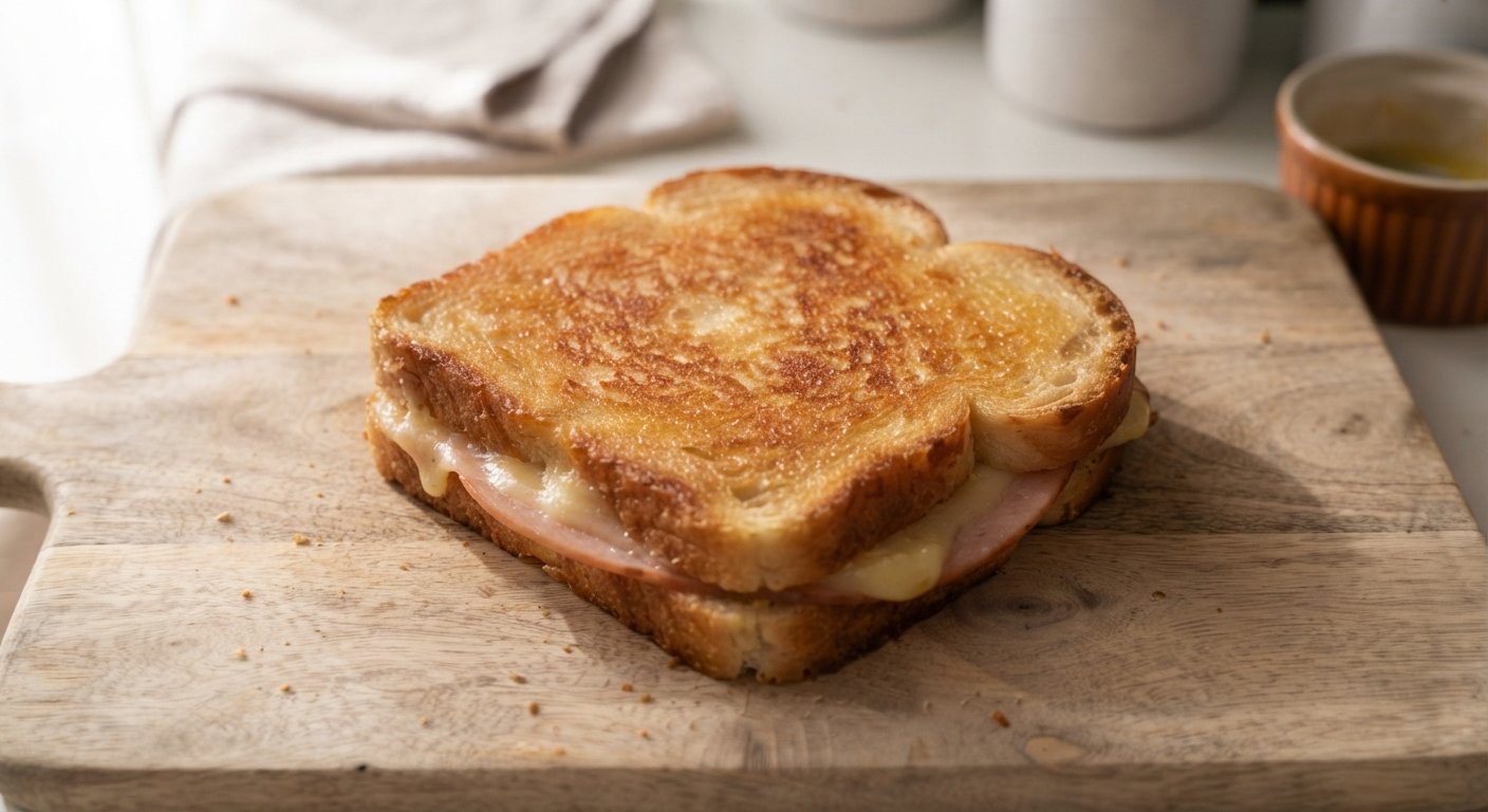 Sándwich mixto cortado por la mitad con el queso fundido