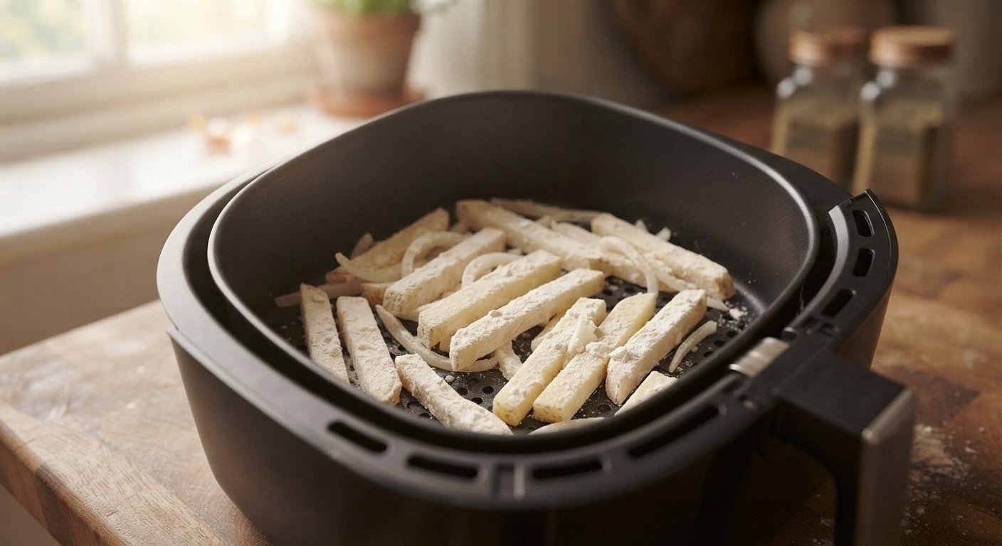 Palitos de patata y cebolla dentro de la cesta de la freidora de aire