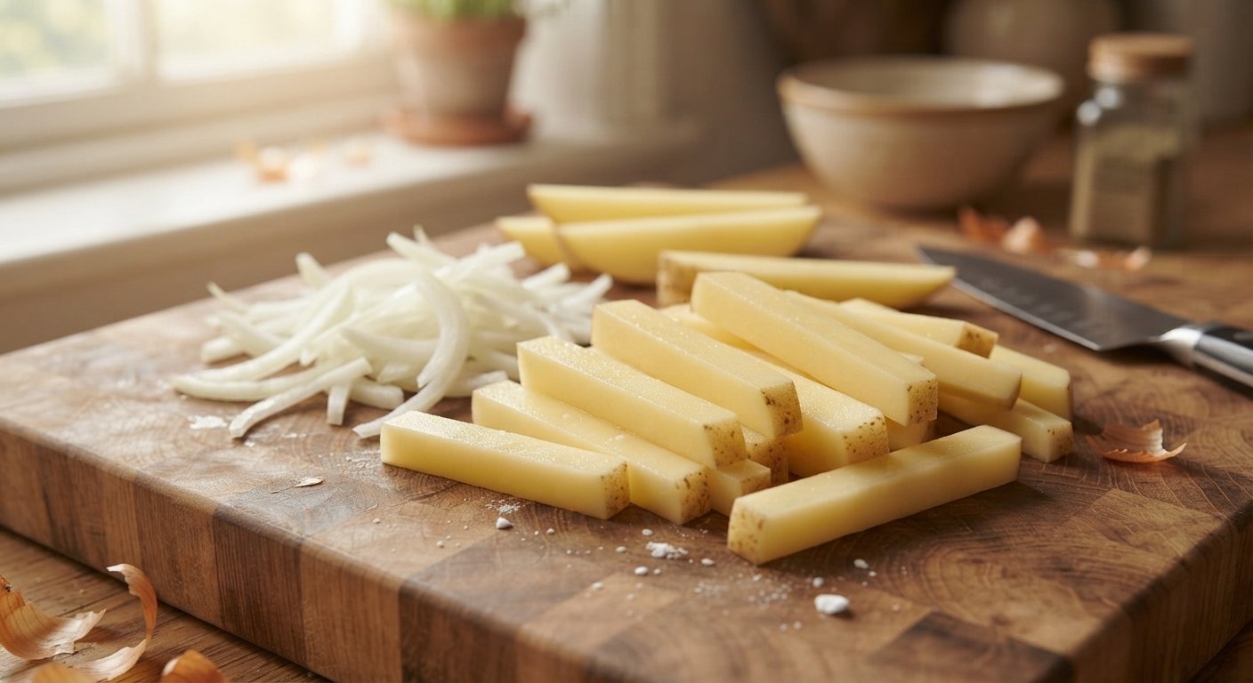 Patatas y cebolla cortadas en bastones y tiras finas sobre una tabla de madera