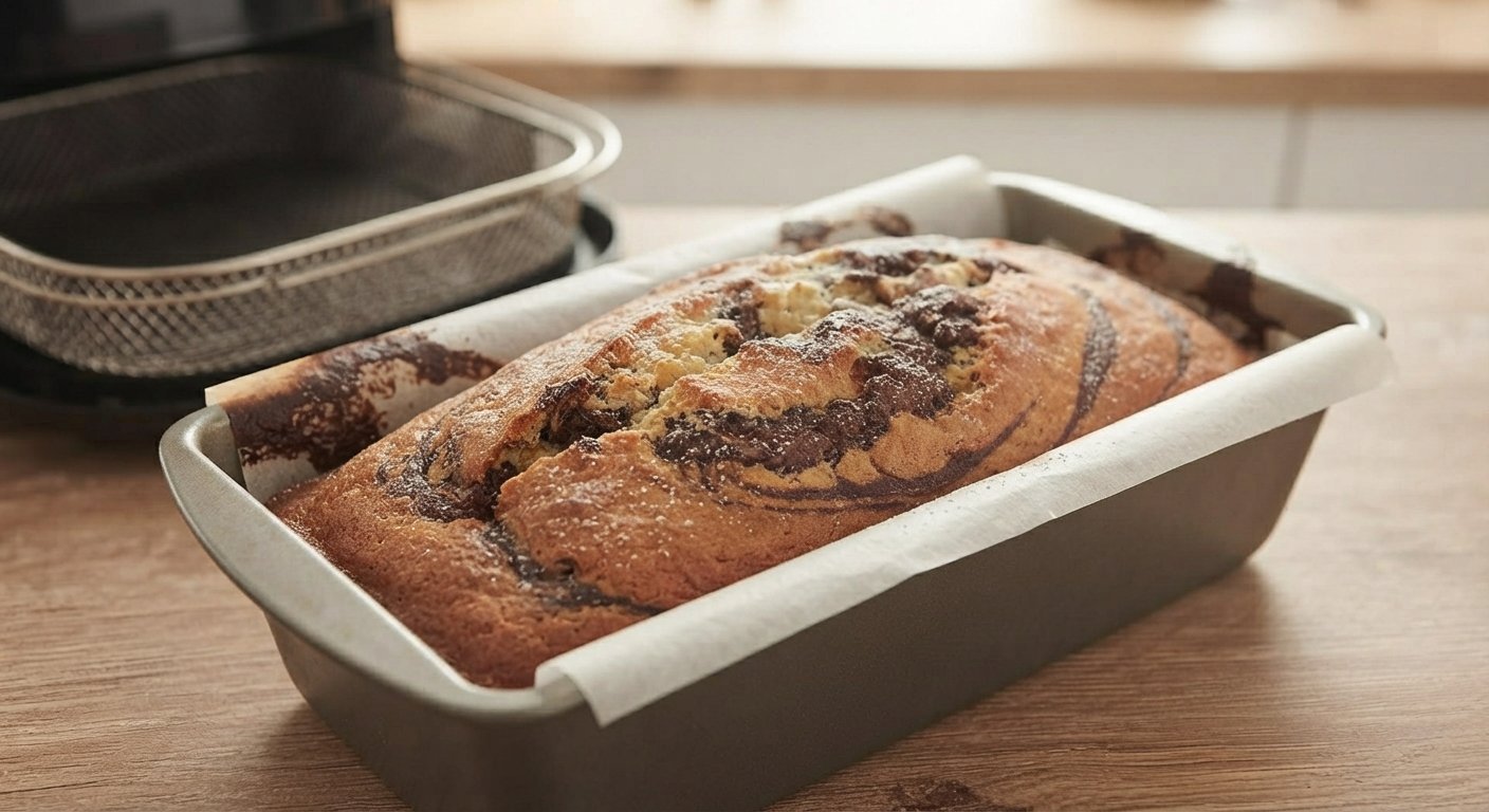 Bizcocho marmolado con vetas de vainilla y chocolate en freidora de aire