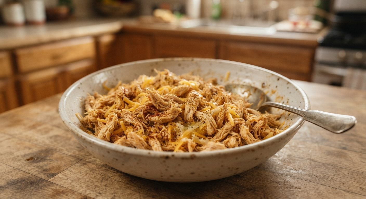 Pollo deshebrado mezclado con queso rallado y especias en un bol