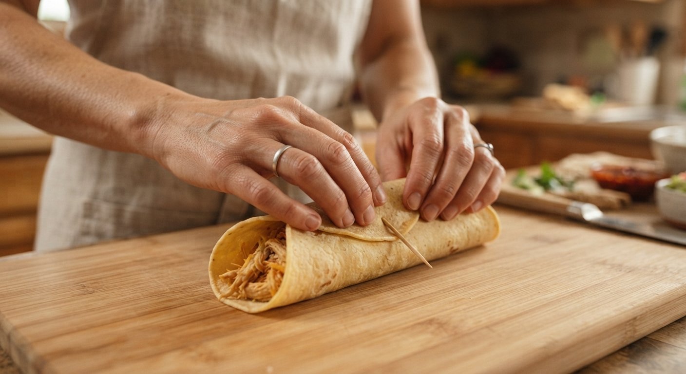 Manos enrollando una tortilla de maíz rellena de pollo