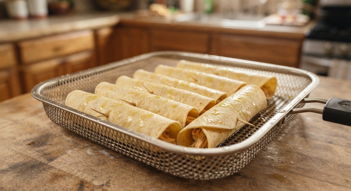 Taquitos enrollados en la cesta de la freidora de aire