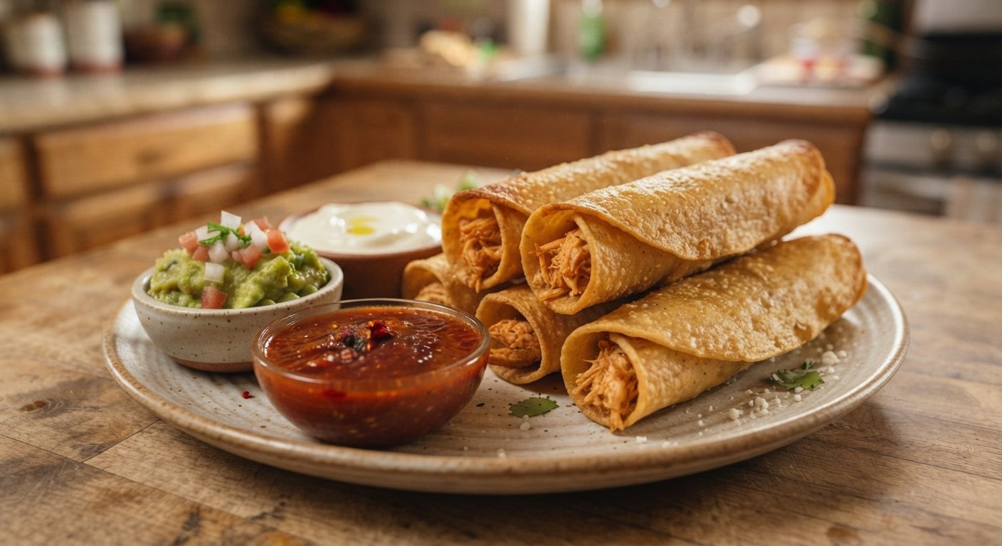 Taquitos dorados servidos con guacamole, crema y salsa roja