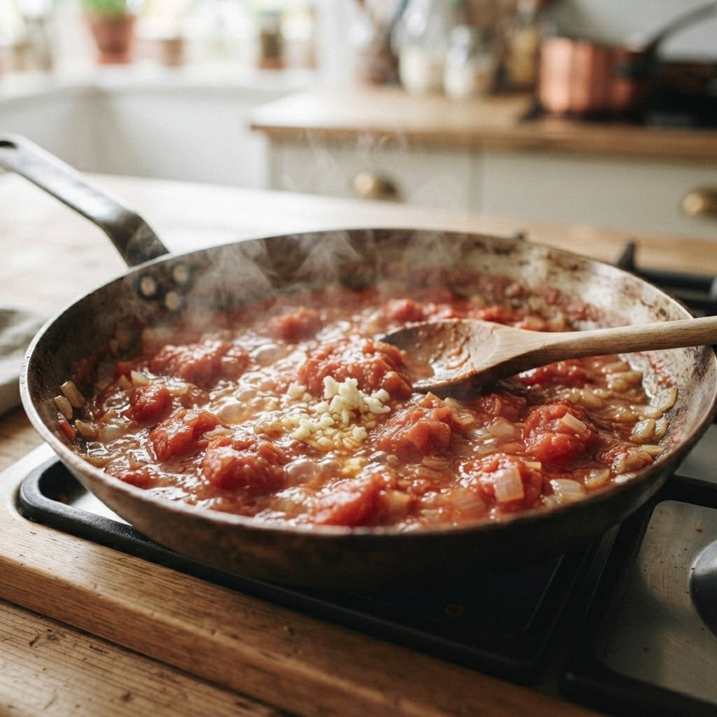 Tomate triturado con cebolla y ajo cocinándose en una sartén
