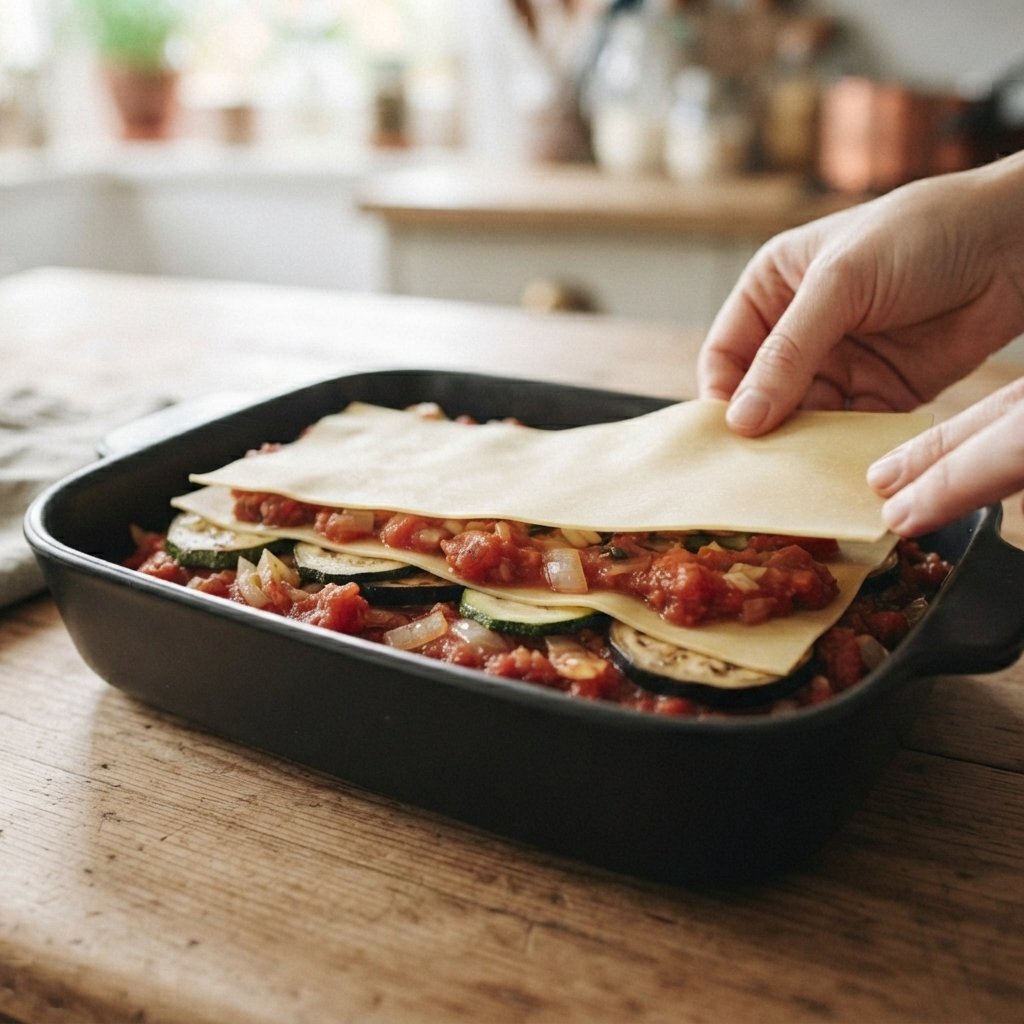 Capas de pasta, verduras y salsa de tomate montándose dentro de un molde apto para freidora