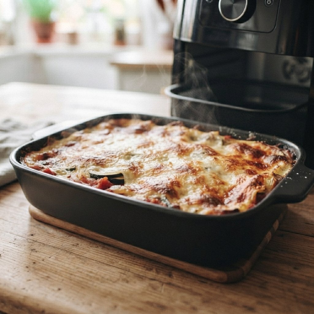 Lasaña de verduras dorada y gratinada, recién sacada de la freidora de aire