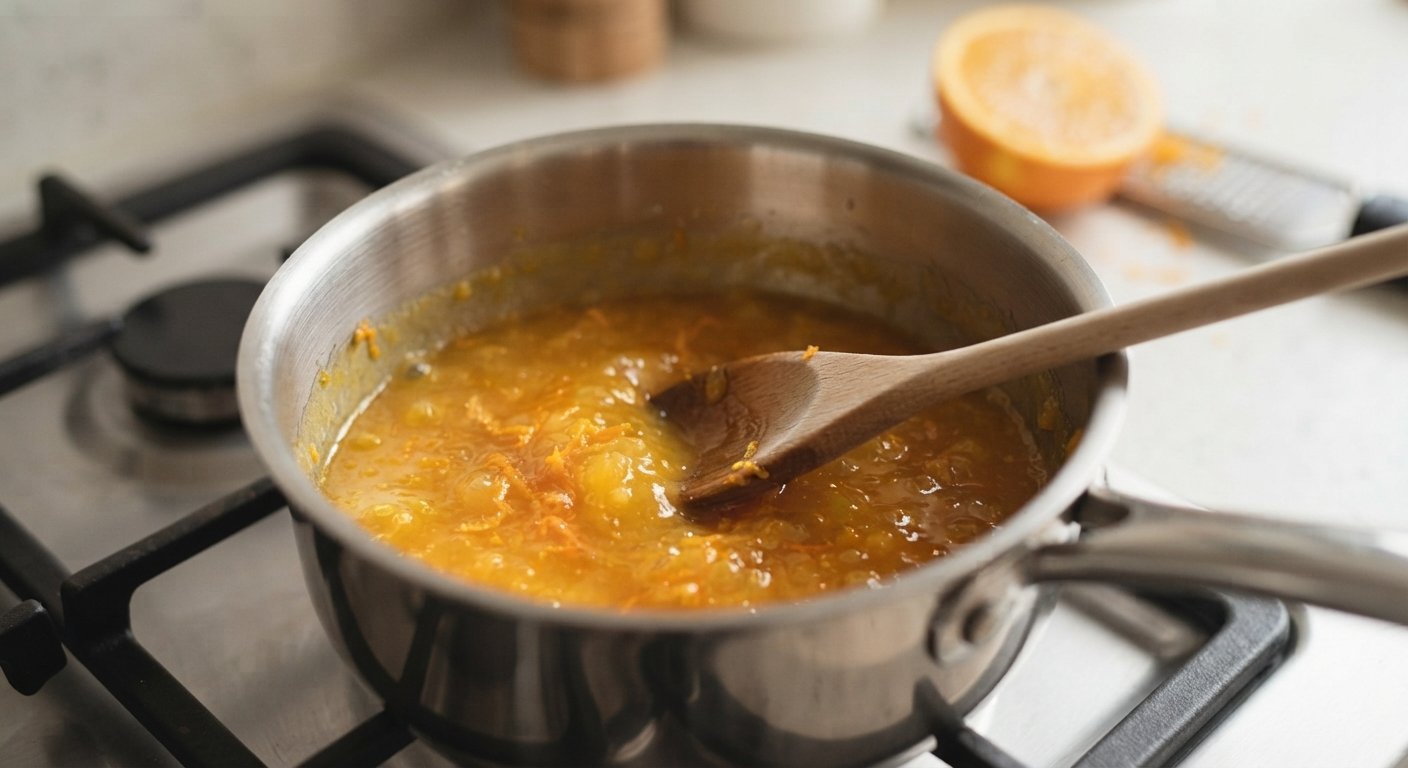 Salsa de naranja reduciéndose en una sartén, con ralladura y zumo de naranja