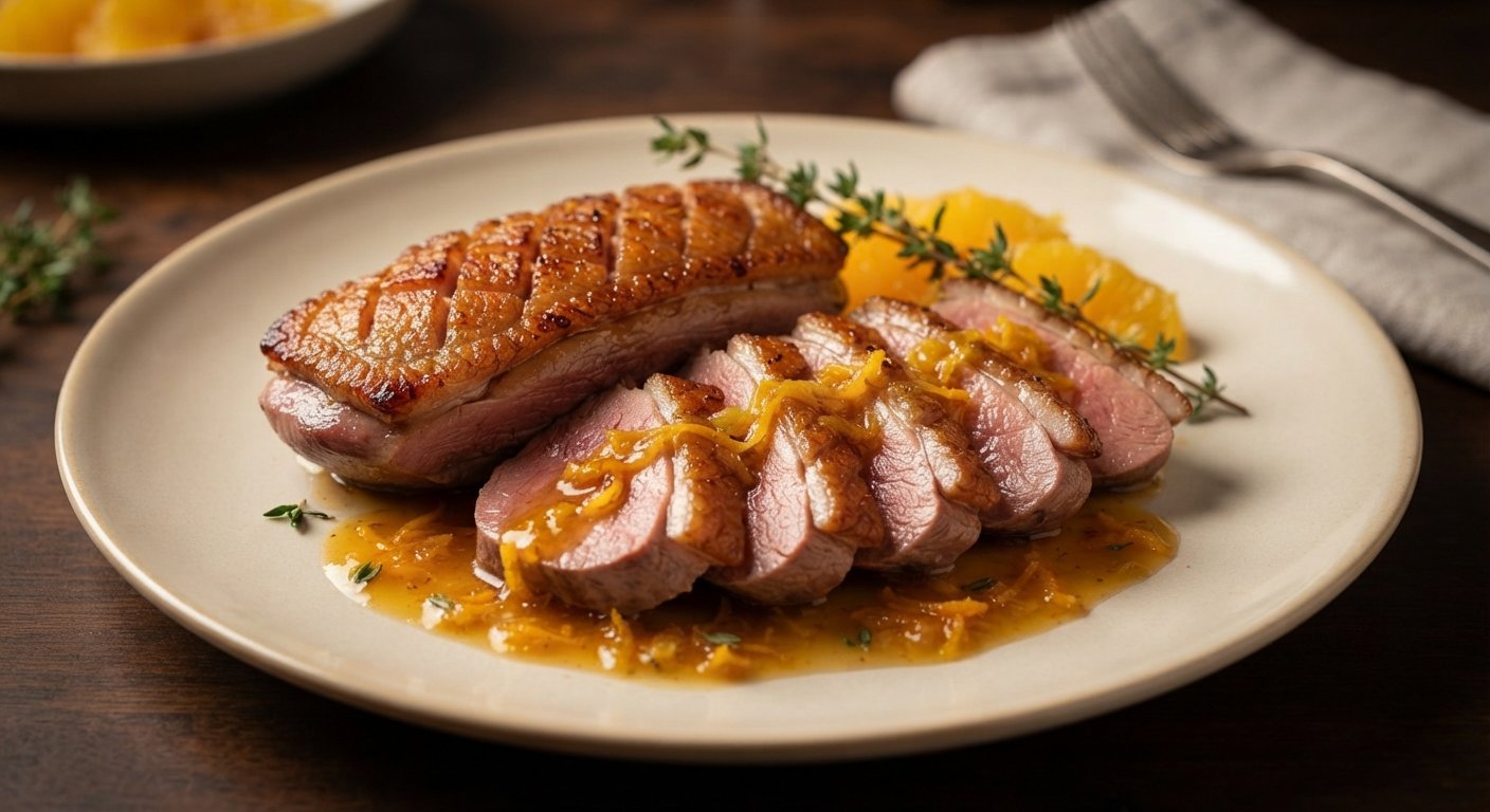Pato a la naranja en freidora de aire, piel crujiente y salsa de naranja