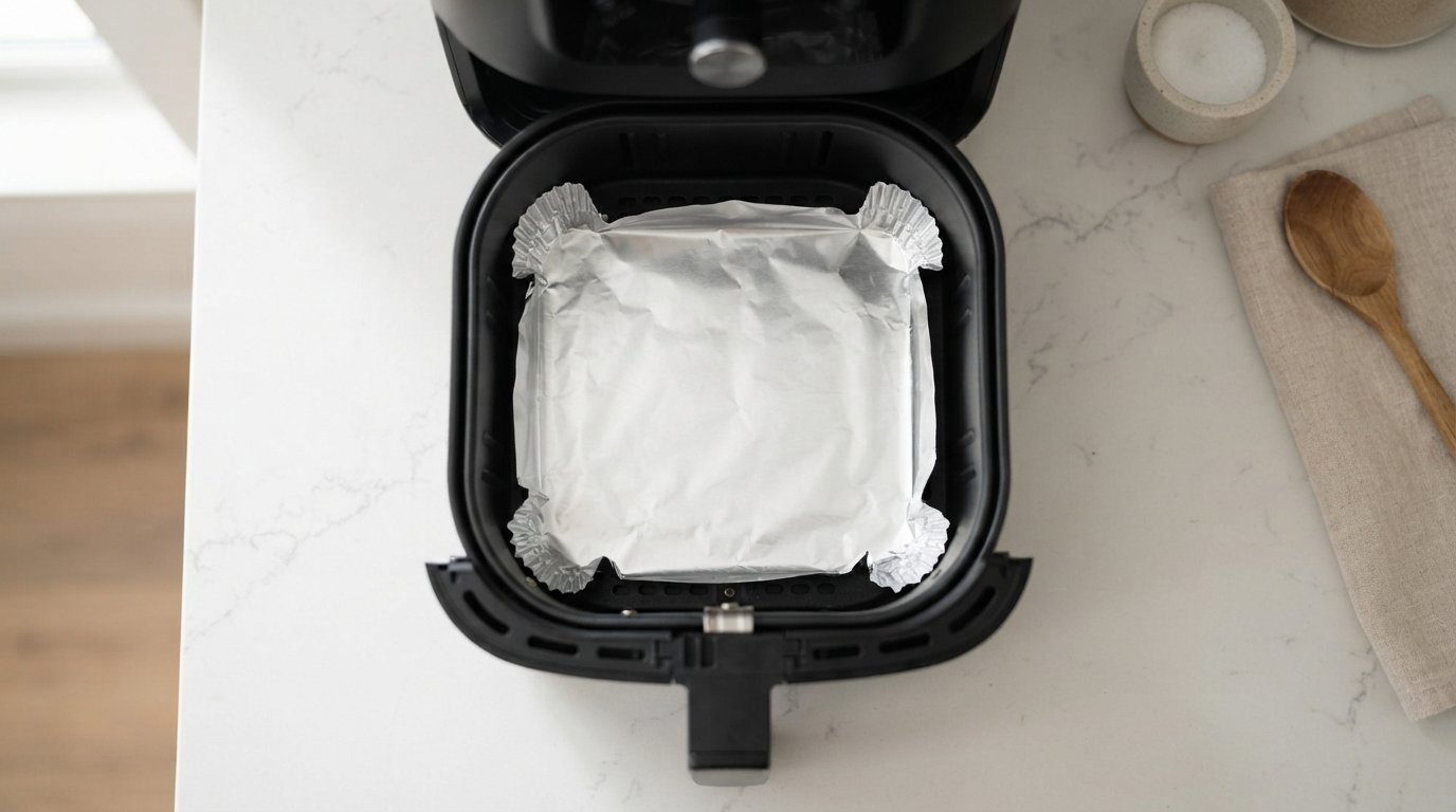 Cesta de freidora de aire con una hoja de papel de aluminio doblada dentro