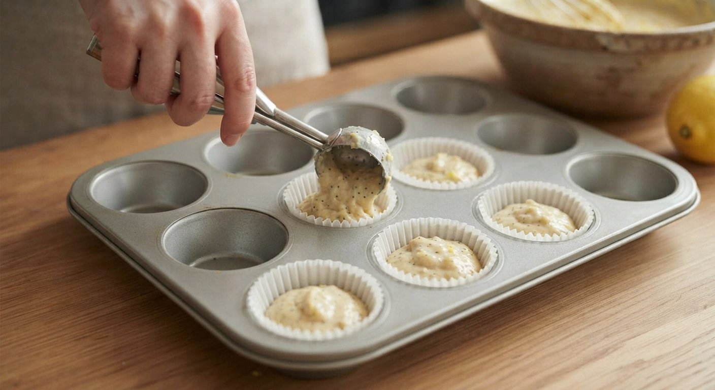 Cápsulas de papel para muffin rellenas con la masa, dentro de un molde metálico