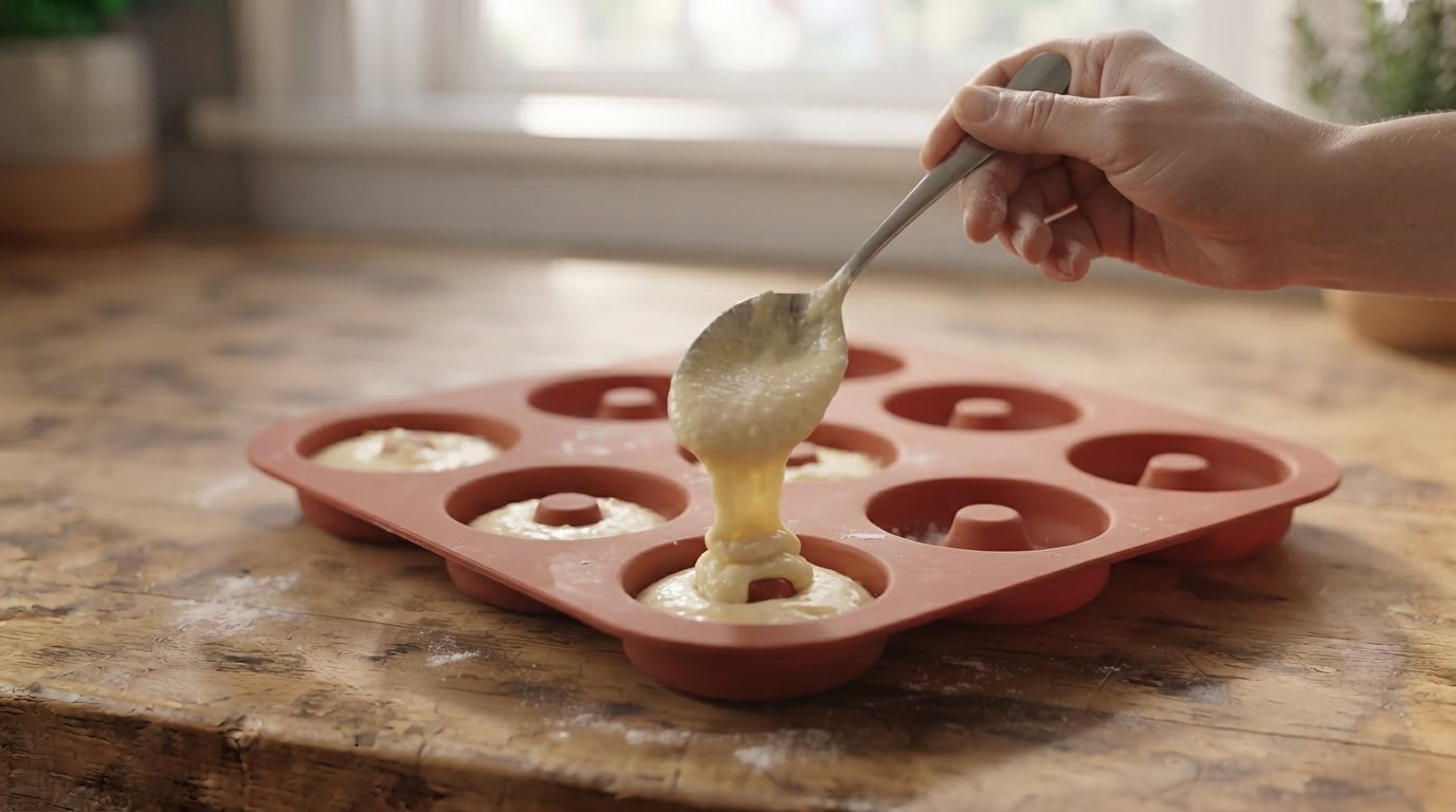 Molde de silicona para donuts siendo rellenado con manga pastelera, masa siendo vertida en los huecos