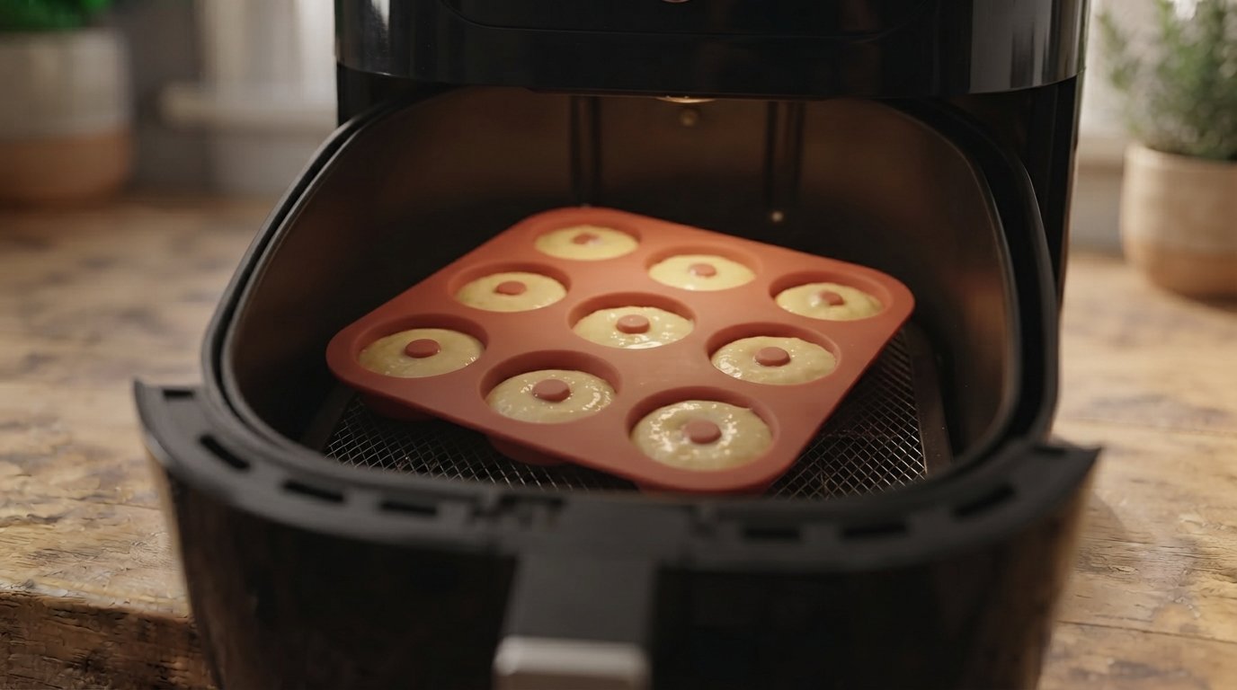 Molde de donuts dentro de la cesta de una freidora de aire, vista frontal clara