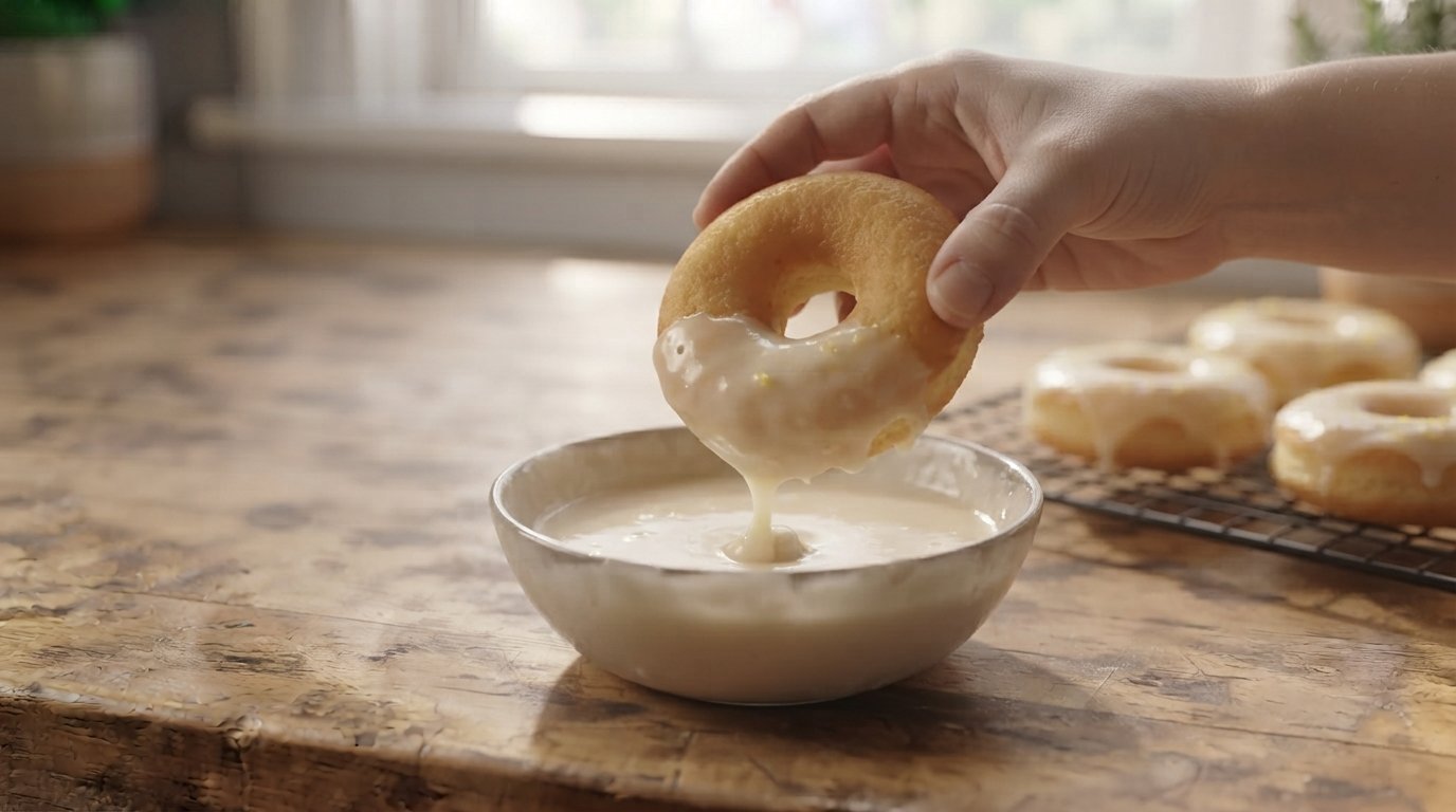 Donut siendo sumergido en glaseado de limón blanco brillante, o cubierto con pincel mostrando el brillo