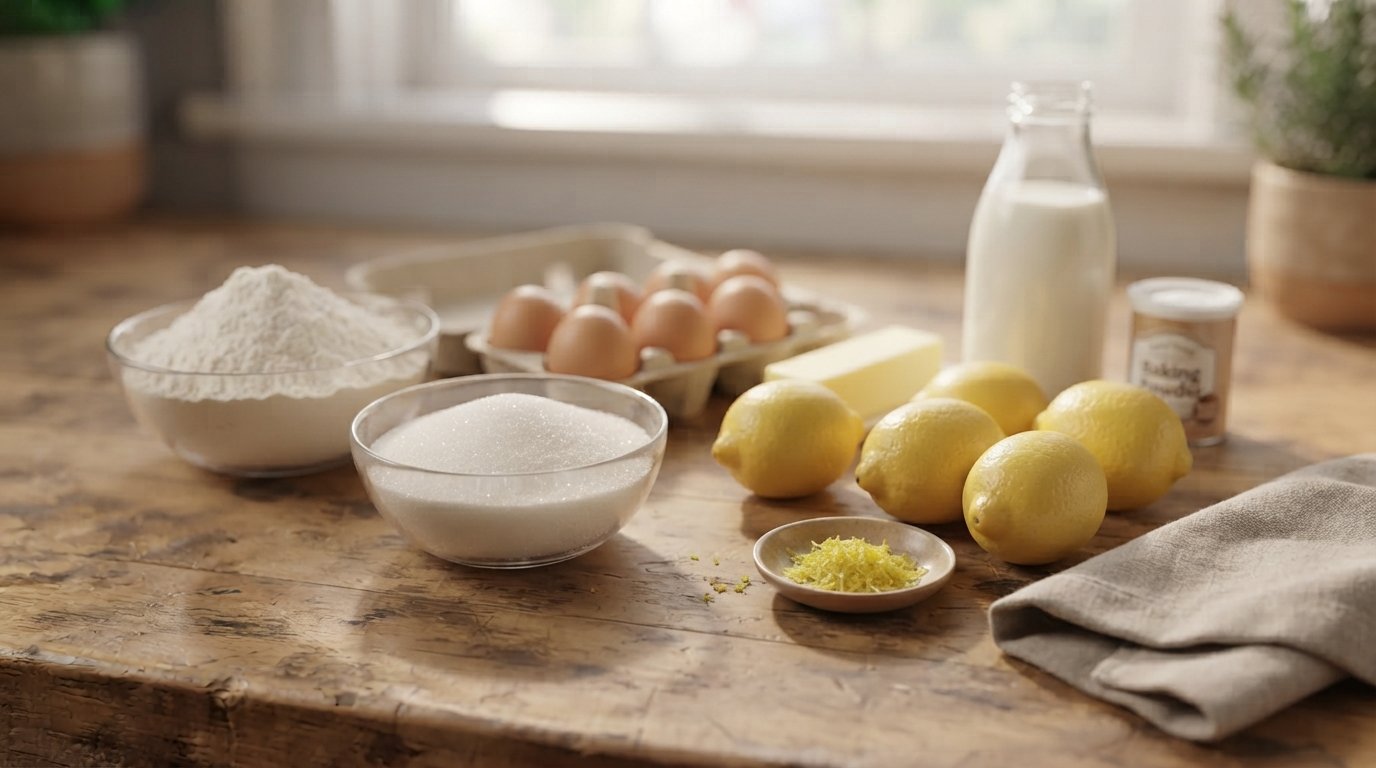 Ingredientes base: harina, azúcar, huevos, mantequilla, limones frescos, ralladura de limón y leche organizados