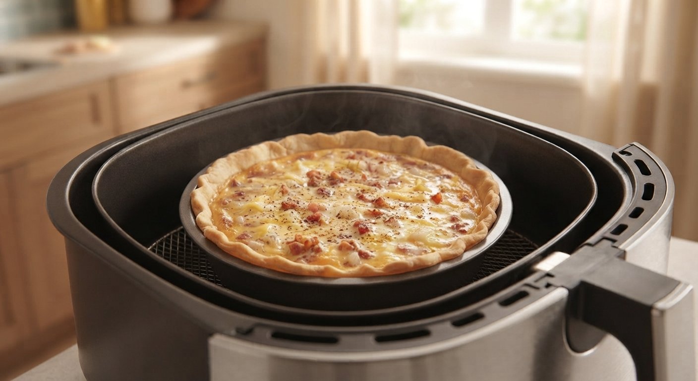 Quiche montada en un molde antes de cocinarla en la freidora de aire