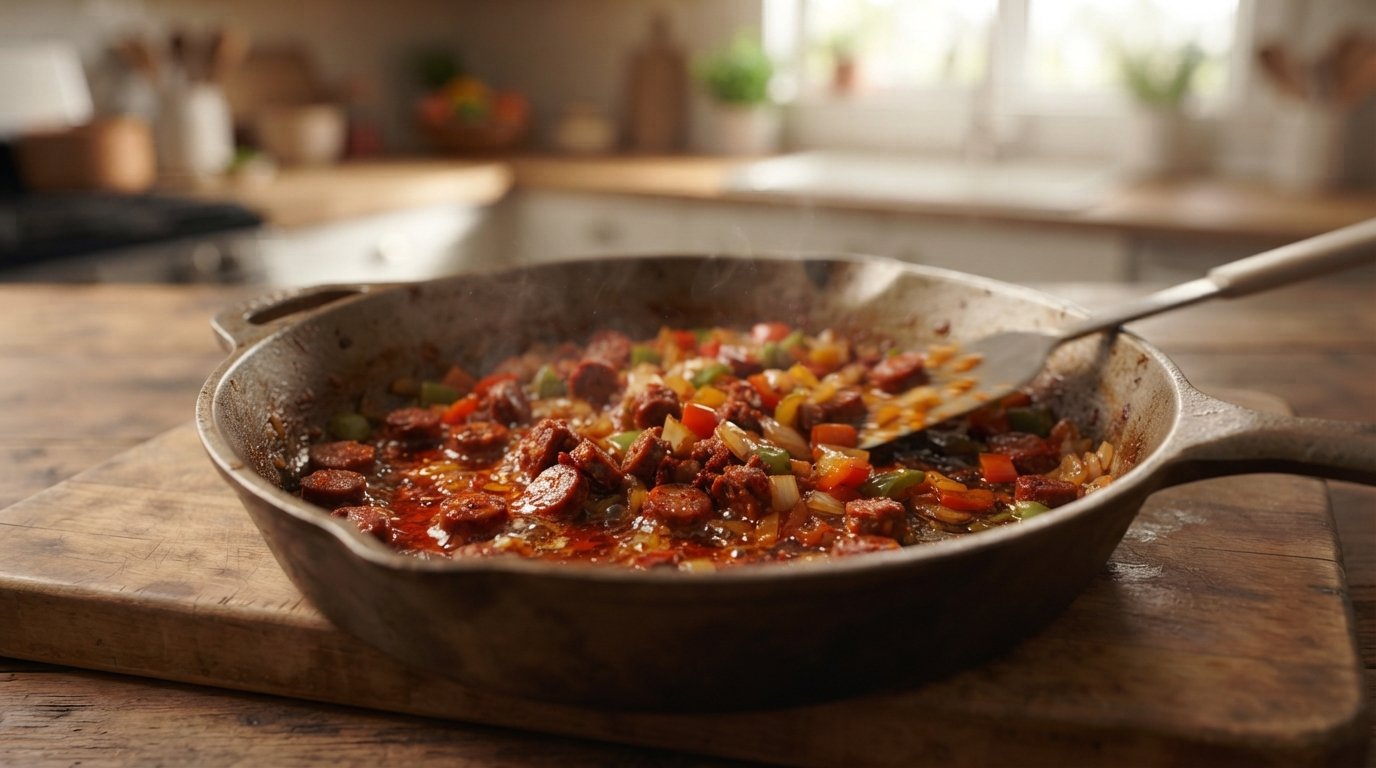 Chorizo y pimientos sofritos en una sartén