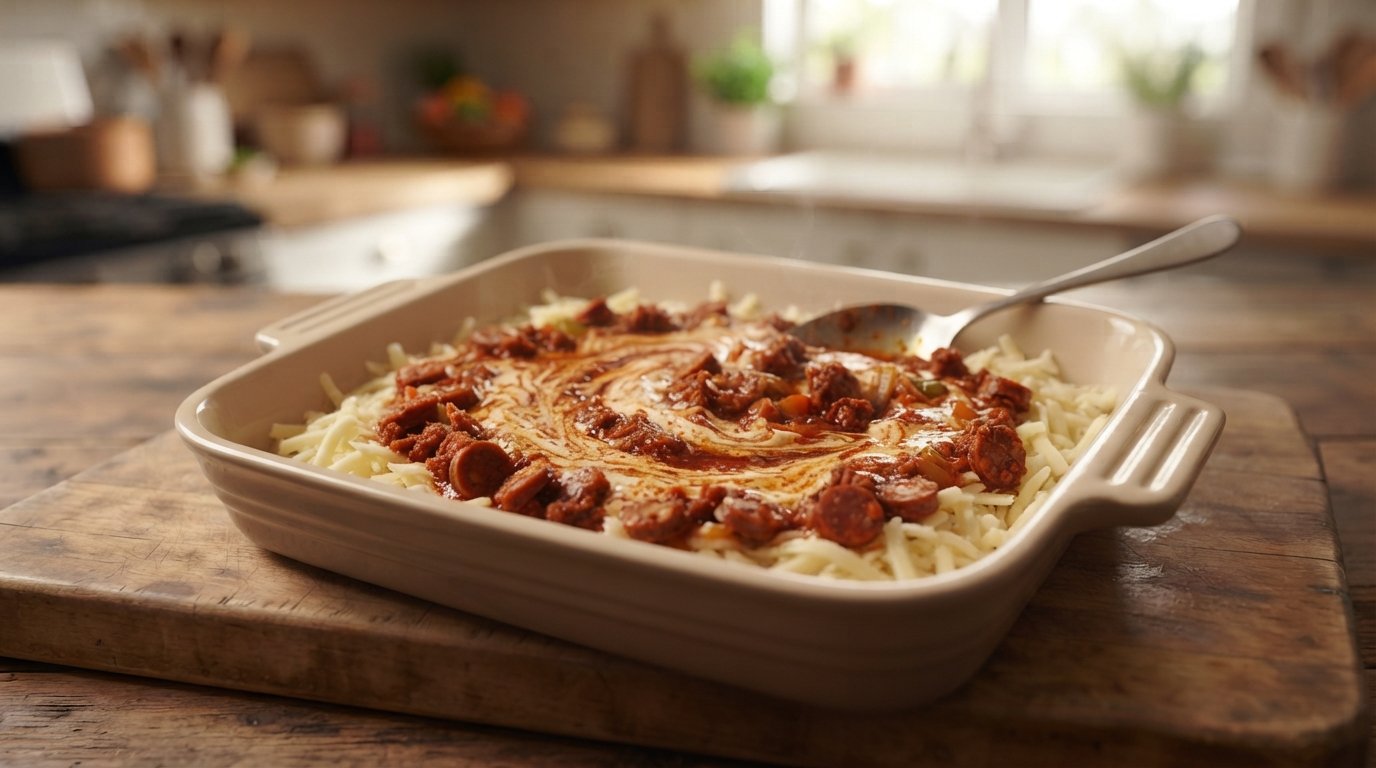 Queso, chorizo y pimientos mezclados en un molde apto para freidora, antes de cocinar