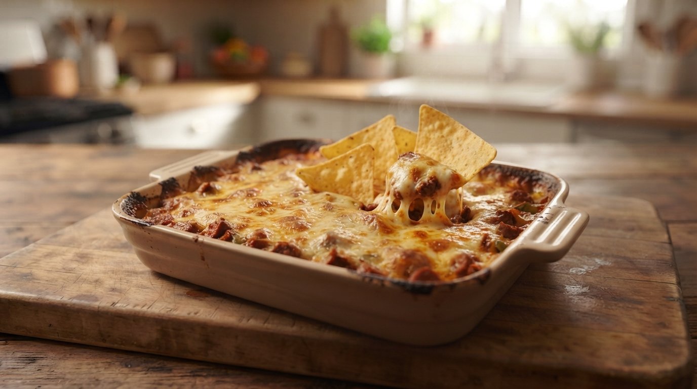 Dip recién sacado, gratinado y burbujeante, con nachos clavados dentro
