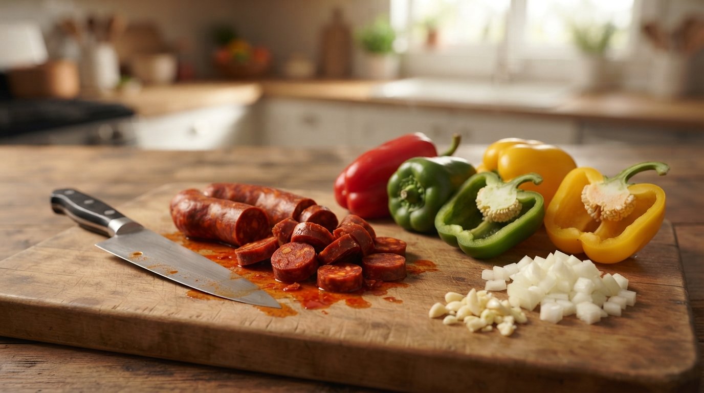 Chorizo troceado y pimientos crudos sobre una tabla de cortar