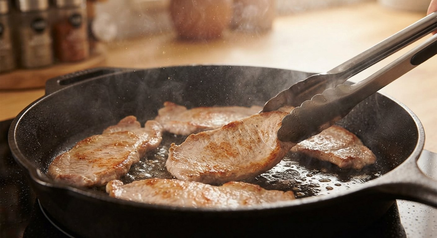 Filetes finos de lomo de cerdo sellándose en una sartén