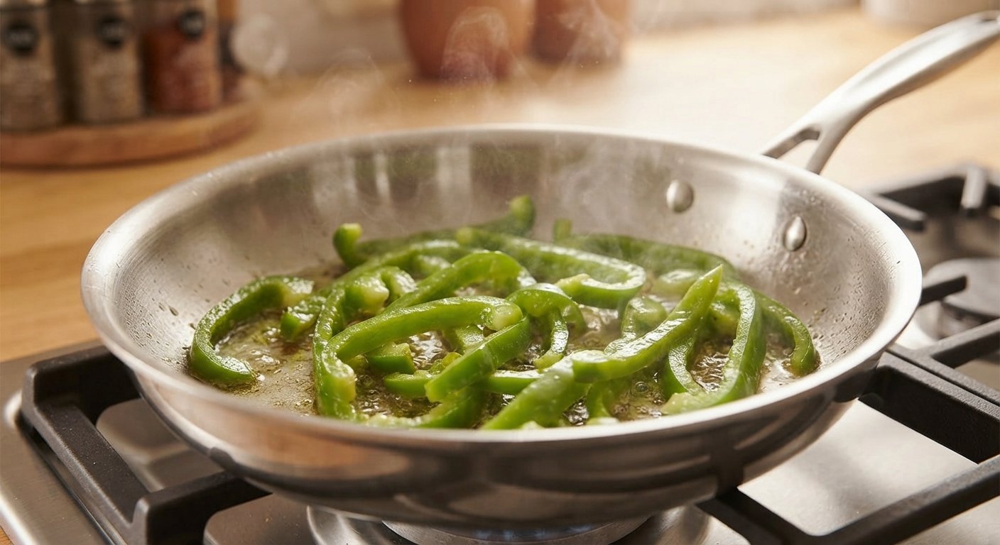 Tiras de pimiento verde salteándose en una sartén