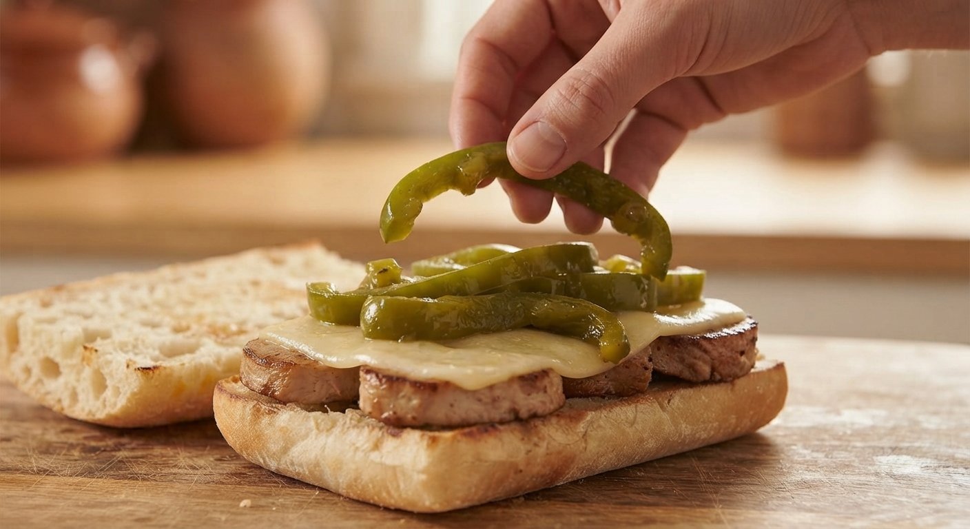 Pan de chapata siendo rellenado con lomo, queso y pimiento, antes de cerrar y cocinar