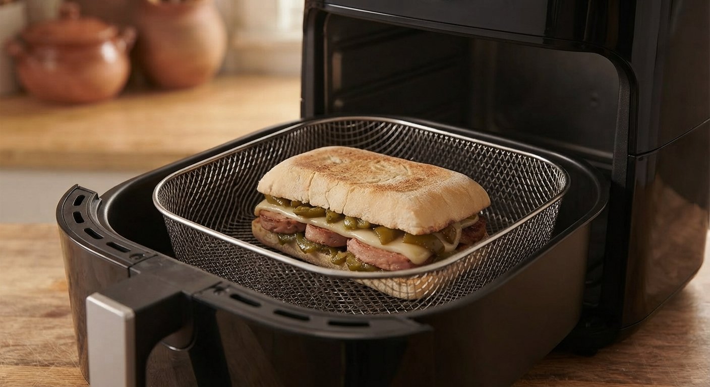 Panini montado dentro de la cesta de la freidora de aire, antes de cocinar