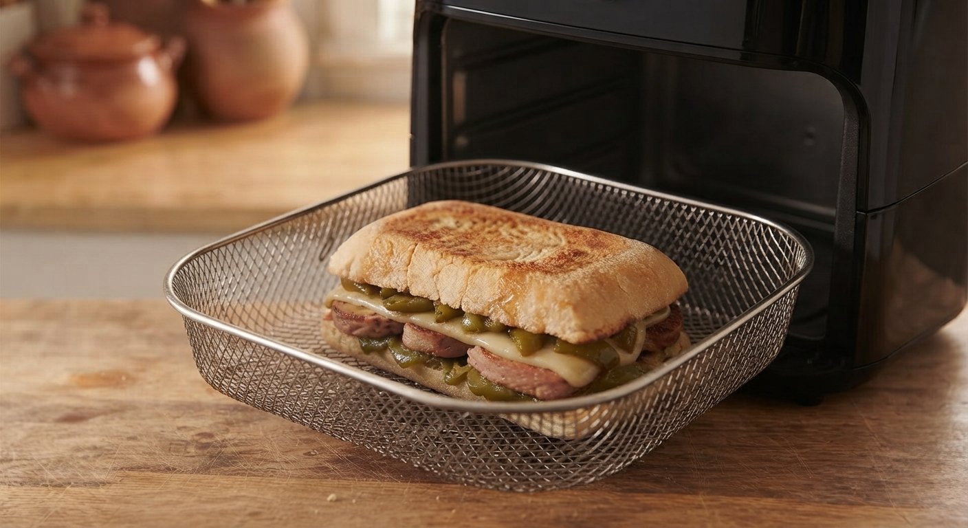 Panini dorado y crujiente, recién sacado de la freidora de aire