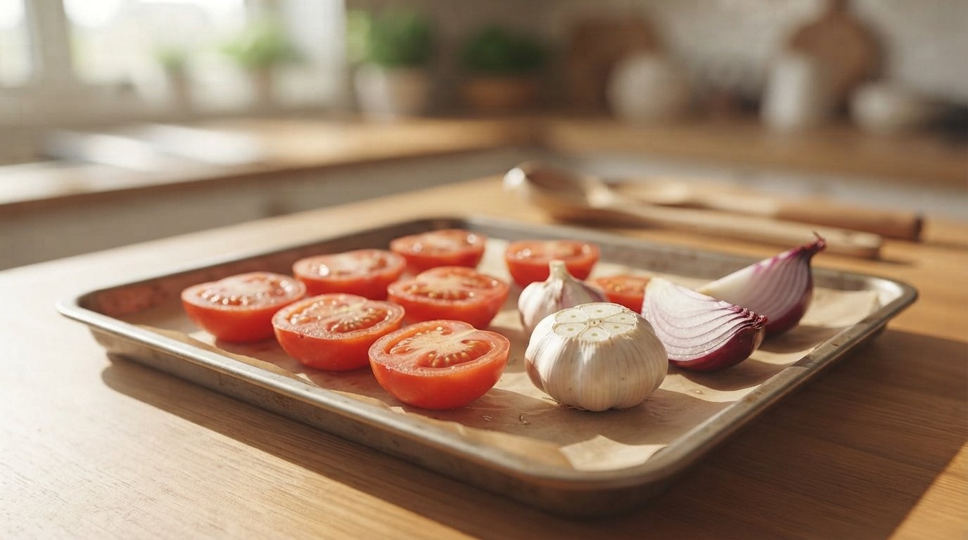 Tomates partidos por la mitad, una cabeza de ajo entera y cebolla en cuartos sobre una bandeja, antes de cocinar